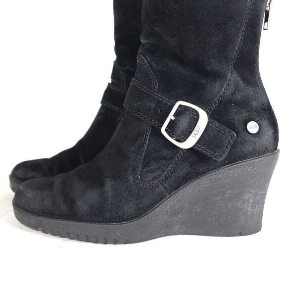 UGG Women's Gisselle US 7 Black Suede Zip Up Wedge Heel Ankle Boot 5593 - Picture 2 of 12